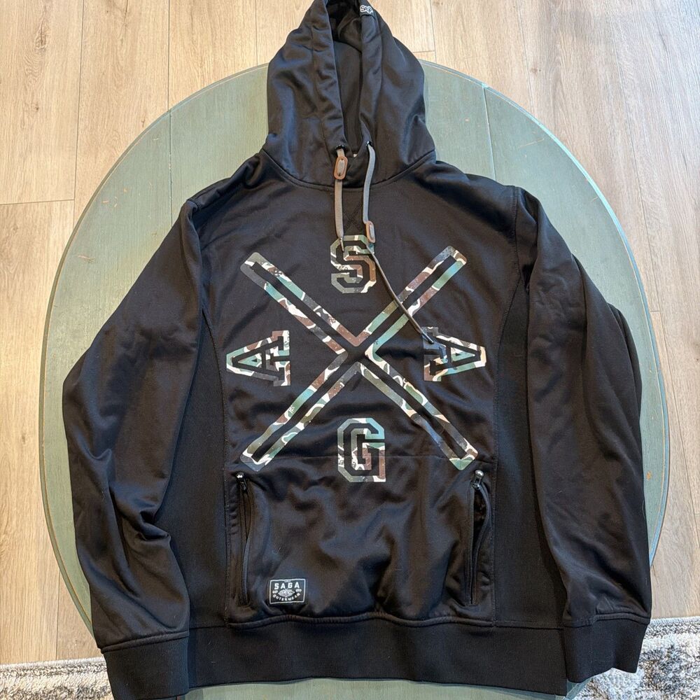 Saga Outerwear Black Pullover Hoodie Mens Large Camo Logo